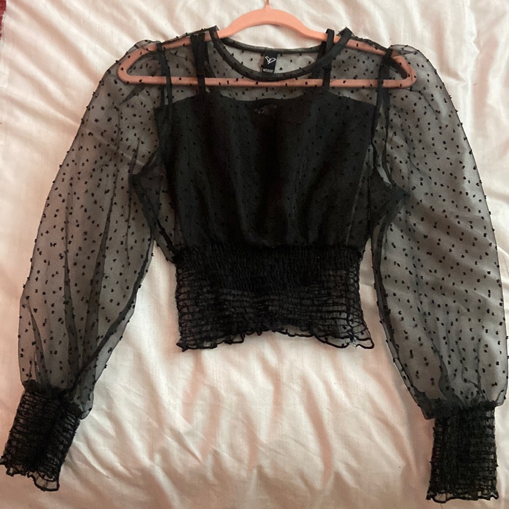 Black Spaghetti strap corset crop top and long sleeve black mesh top